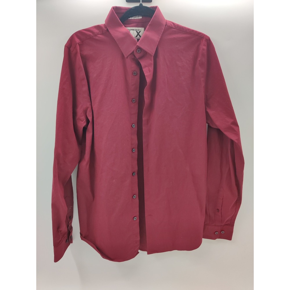 Express Men 1MX Fitted Shirt Burgundy Red Long Sleeve Button Down Medium 15-15.5
